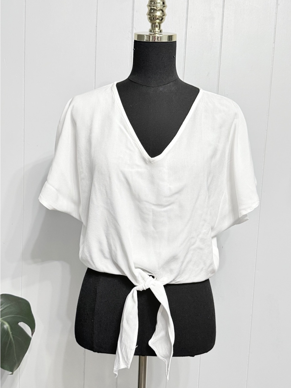 #10)  V-Neck White Tie-Front Women's Blouse